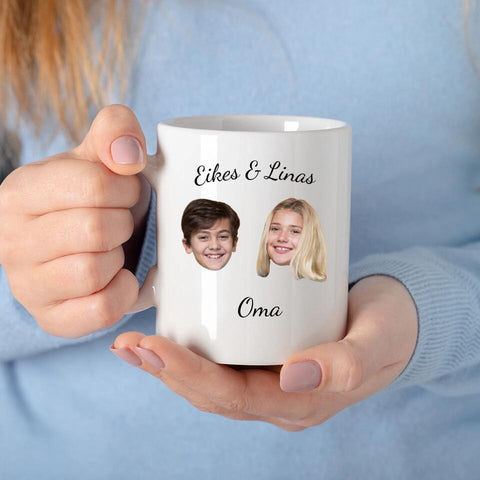 Tasse für Oma personalisiert mit Gesichtsfotos und Namen von Enkelkindern