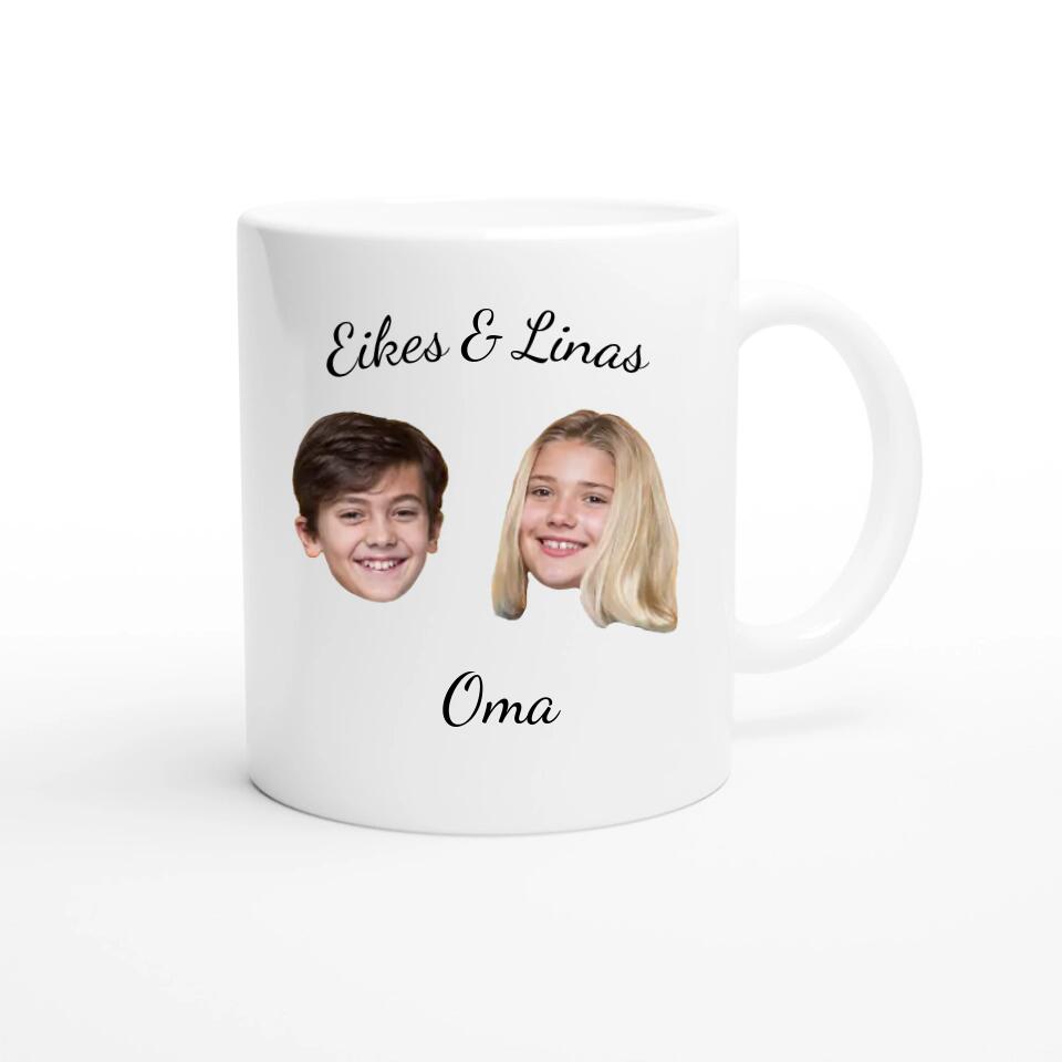 Oma Tasse personalisiert mit Gesichtsfotos von zwei Enkelkindern