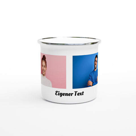 Personalisierte Emaille Tasse mit 2 Fotos und Text